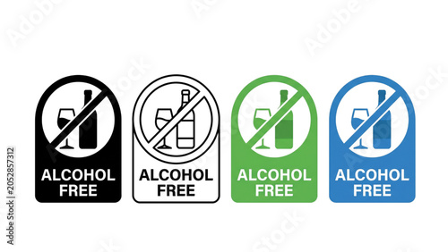 Alcohol Free Beverage Certification Badge Icon Set with Bottle and Wine Glass Prohibition Symbol Silhouette Outline Green and Blue Versions Isolated on White Background