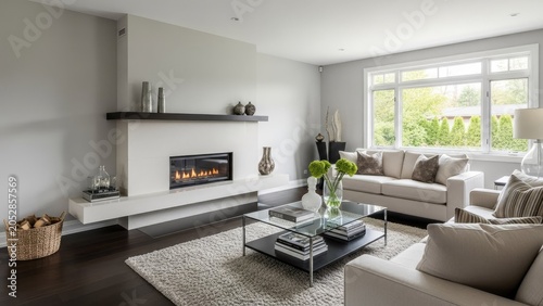 Contemporary living room with long fireplace and white sofa.