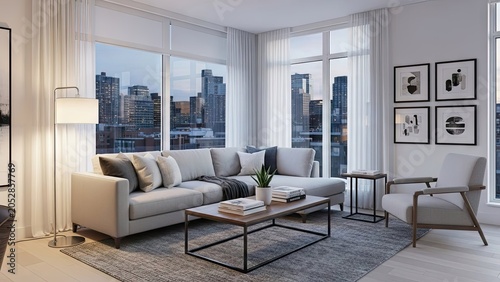 Elegant city apartment living room with panoramic view.