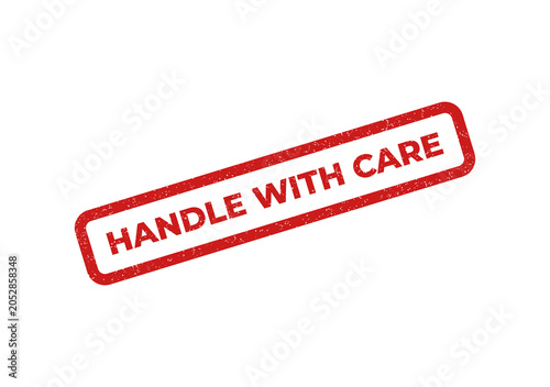Red handle with care stamp on white background