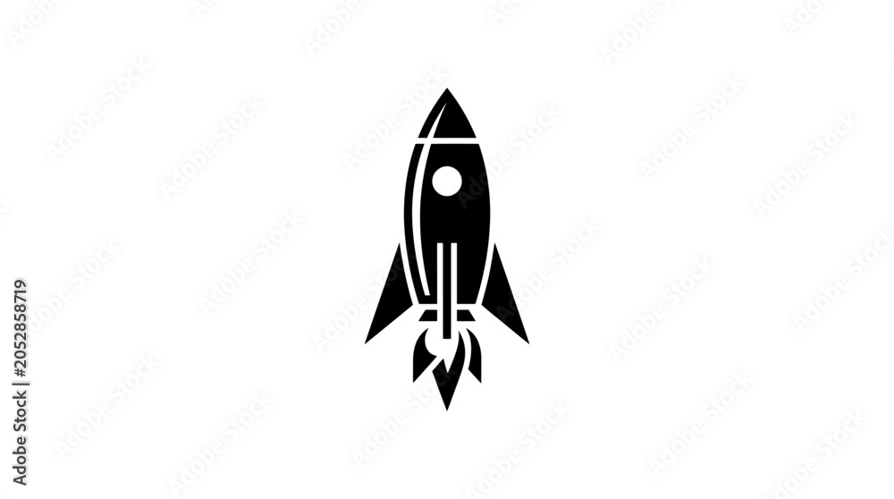 Fototapeta premium Minimalist black and white rocket ship icon with flame exhaust