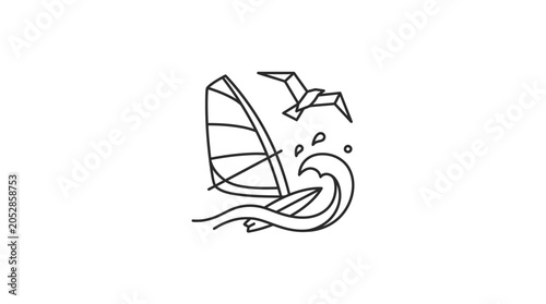 Tableau sur toile Minimalist line art of windsurf sail and seagull.