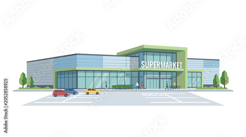 A contemporary-style supermarket, shopping mall, or big-box store featuring a modern design with expansive windows, serving as a commercial retail or real estate property, depicted in flat vector