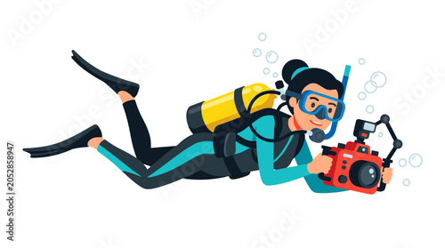 A flat vector illustration of a scuba diver swimming, depicted as a female cartoon character holding a camera, taking photos of the deep sea, shown alone against a white background