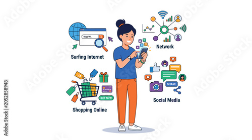 Illustrating the concept of using various mobile apps, a person browses the internet, social media, networks, and shops online, while a woman operates smartphone applications, all depicted in a flat