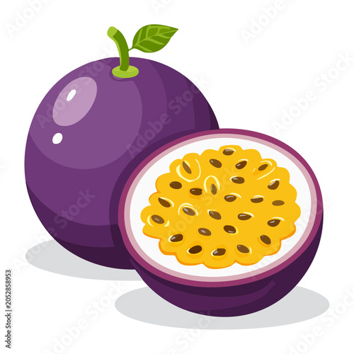 Sweet passion fruit or maracuya featuring a whole dark purple piece and a sliced half filled with gelatinous yellow seeded nectar - Vector Illustration