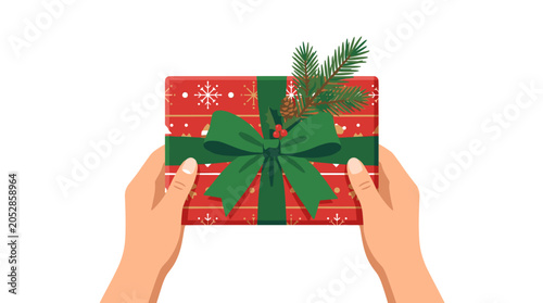 A pair of hands cradles a holiday gift box, showcasing a Christmas surprise wrapped in festive paper, adorned with a ribbon bow and a fir branch, presented as a flat vector illustration against a