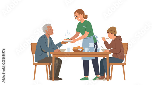A volunteer assists a poor person by giving food and sharing a meal with the homeless. The woman supports hungry, starving people by feeding them at the table. The illustration is a flat vector image