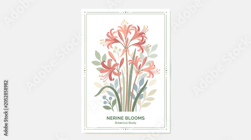 A floral card featuring a blooming nerine, a simple fragile flower, and a botanical backdrop, with delicate leaves, gentle blossoms, a tender spider lily, and a garden nature poster design rendered