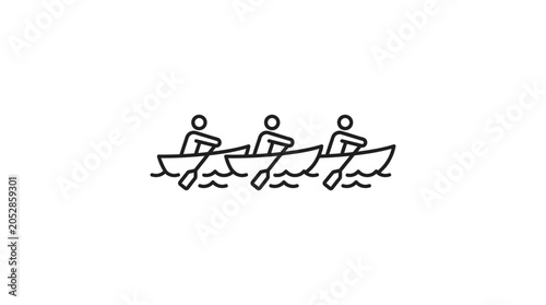 Three people rowing separate kayaks in line icon.