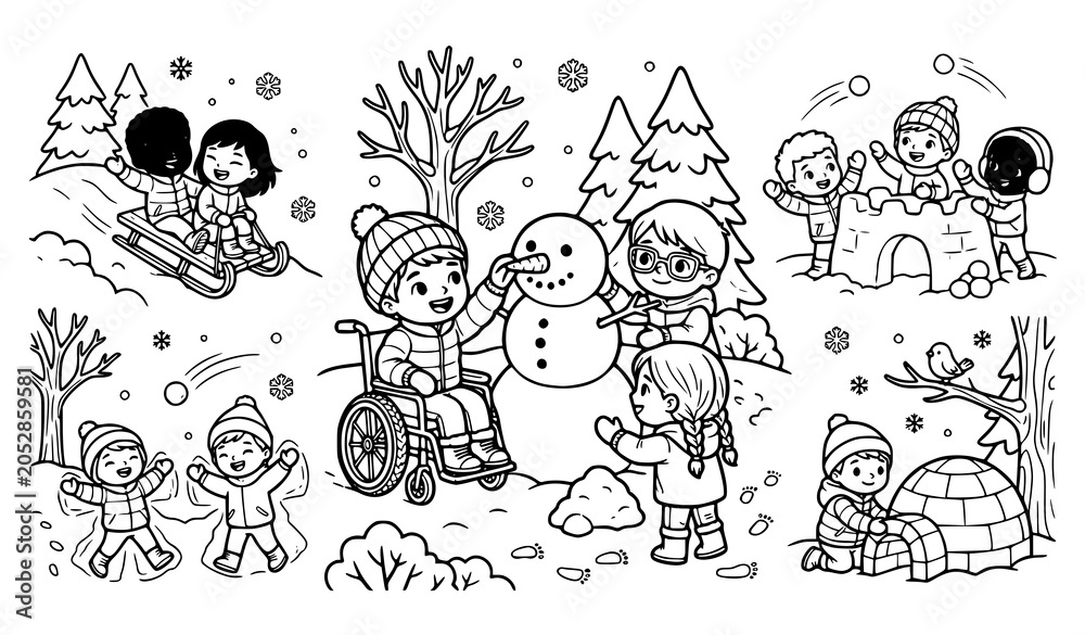 Fototapeta premium Winter Activities Coloring Page with Children Playing in Snow Scene