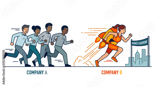 A rival speeds ahead, outpacing the opposing team, illustrating the unfair competition and inequality between two firms, depicted in a bright flat vector image set against a white backdrop