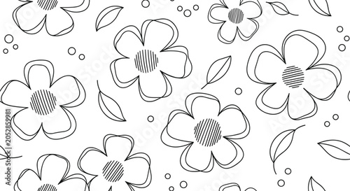 Seamless pattern featuring black outline drawings of flowers and leaves on a clean white background, coloring page style.