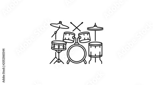 Hand drawn black and white sketch of a complete acoustic drum kit with cymbals and hardware