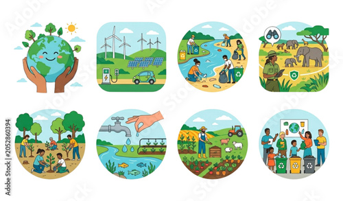 Fotografie Earth Conservation and Renewable Resource Flat Illustration Pack Featuring Natur
