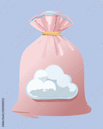 Cute Light Pink Fabric Tied Sack Bag Container Embellished With Simple Cartoon Cloud Graphic Badge Perfect For Sweet Marshmallow Snacks - Vector Illustration
