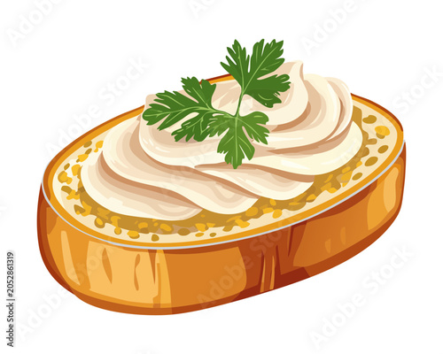 Delicious bruschetta toast slice topped with rich whipped cream cheese spread and fresh green parsley herb for party appetizer snack - Vector Illustration