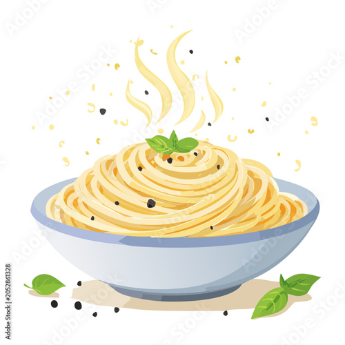 Hot steaming bowl of freshly cooked long spaghetti pasta garnished with green basil leaves and black pepper flakes for dinner - Vector Illustration