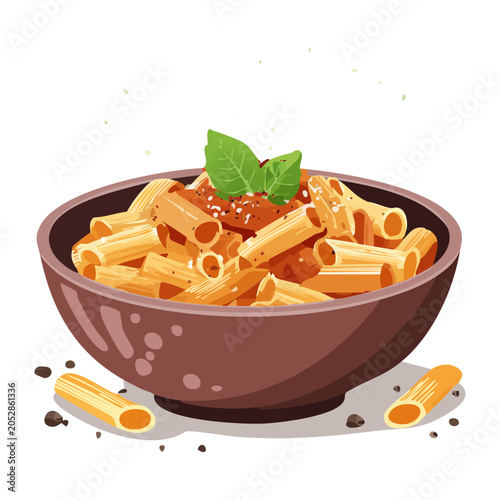 Bowl of delicious italian penne pasta coated in rich red marinara tomato sauce and garnished with fresh aromatic green basil - Vector Illustration
