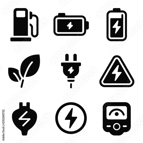 Collection of eco friendly and energy related icons including battery leaf and electric plug on white background