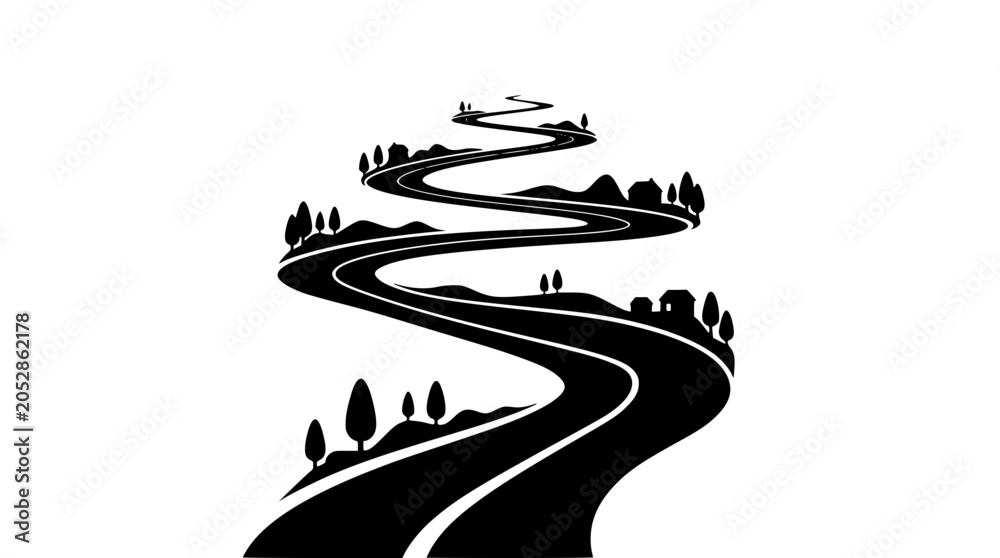 Naklejka premium Winding Road Silhouette Landscape with Trees and Houses