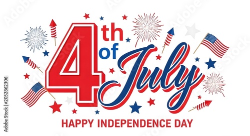4th of july celebration with fireworks and american flags on white background