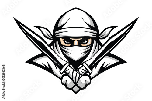 Photos Dynamic Ninja Warrior Holding Two Katanas or Daggers Action Pose Illustration