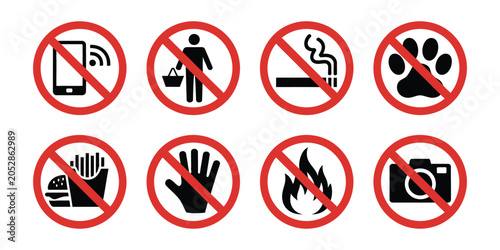 Принти на полотні Prohibited icons set forbidden signs no cell phone smoking pets food drinks fire