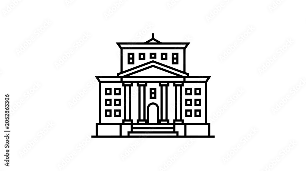 Naklejka premium Classical institutional building with columns and steps in black outline