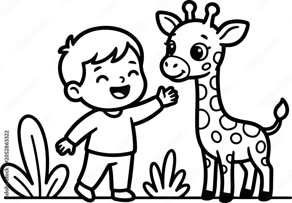 Fototapeta premium Happy boy and cute giraffe, outline drawing, children's book illustration, safari friends