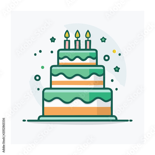 Flat design birthday cake with candles and confetti