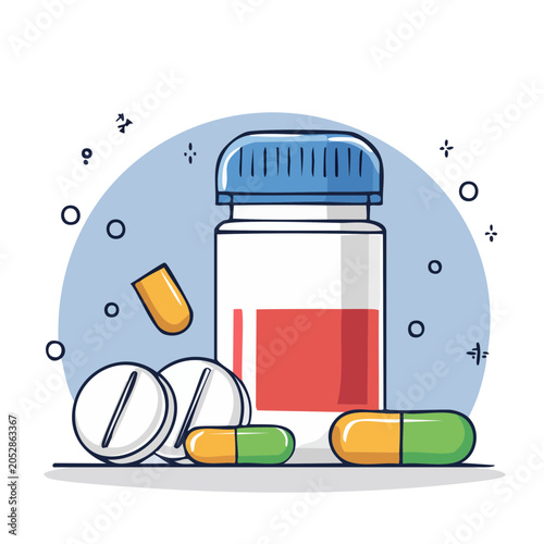 Flat design illustration of pills and medicine bottle