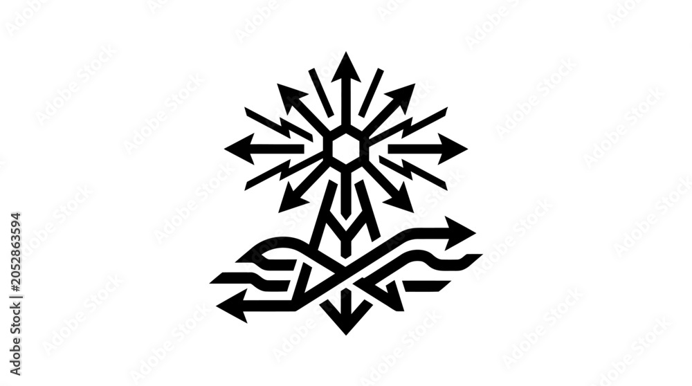 Obraz premium Abstract black and white geometric symbol with radiating arrows and wavy base