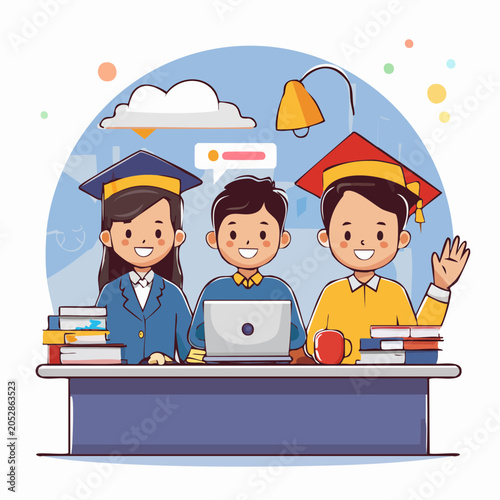 Happy students in graduation caps with laptop and books
