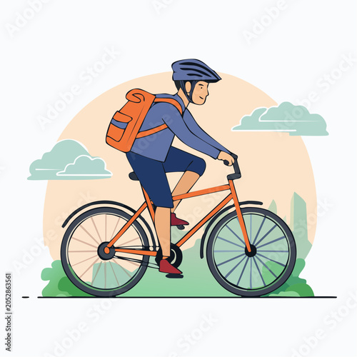 Man riding a bicycle with a backpack and helmet