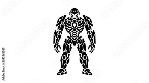 Black tribal pattern silhouette of a futuristic humanoid robot figure on white background