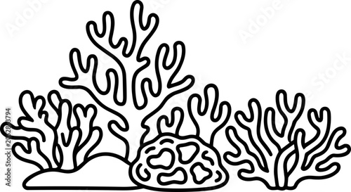 Foto Stylized Outline Illustration of Coral Reef Elements and Sea Anemone