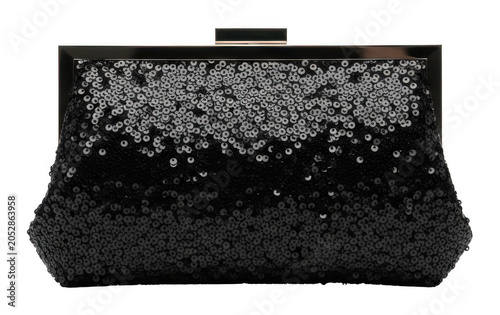 Elegant black sequin clutch evening bag with metallic frame and clasp isolated transparent background image