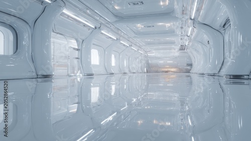 Brightly illuminated corridor features highly polished, reflective flooring and futuristic architectural elements.