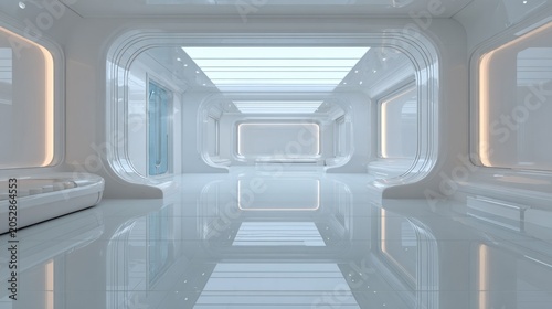 Sleek futuristic interior corridor showcases smooth white surfaces and soft illumination