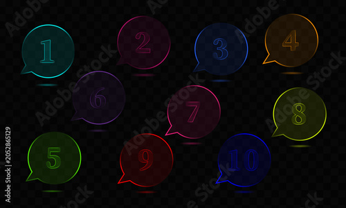 Colorful neon speech bubbles with numbers on dark background
