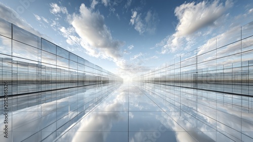 Modern architectural structure features extensive glass facades reflecting a bright blue sky with scattered clouds
