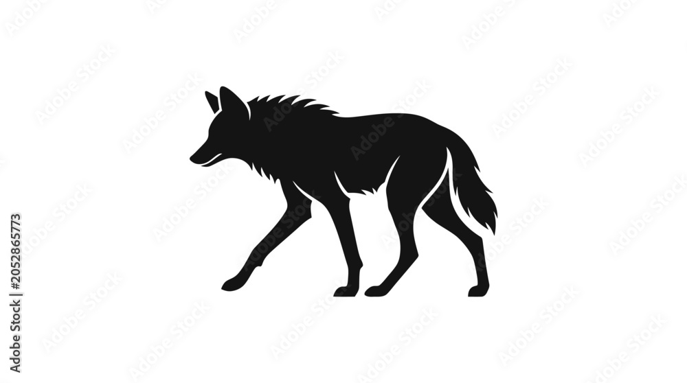 Fototapeta premium Black silhouette of a wolf walking on white background