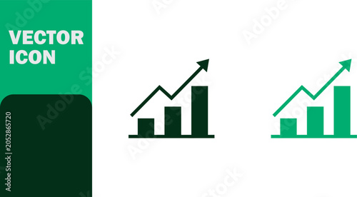 Green vector icons of growing graph with arrow