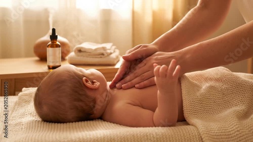 Mother applying essential oil lotion to newborn baby chest for massage