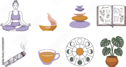 Photography Set of hand drawn self care and wellness icons featuring yoga meditation aroma d