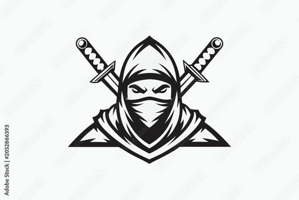 Obraz premium Ninja Warrior Silhouette Holding Dual Daggers Stealth Combat Graphic Illustration