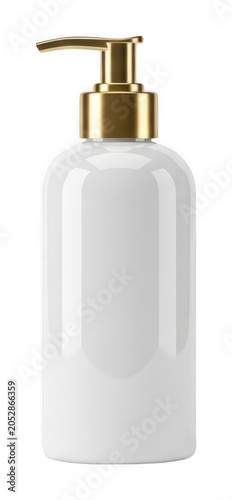 Elegant glossy white pump bottle with a gold dispenser for premium skincare isolated transparent background image