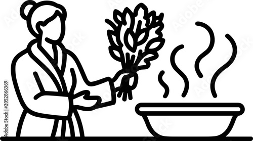 Tablou pe pânză Woman in bathrobe with venik steam bath, sauna wellness, hygiene concept