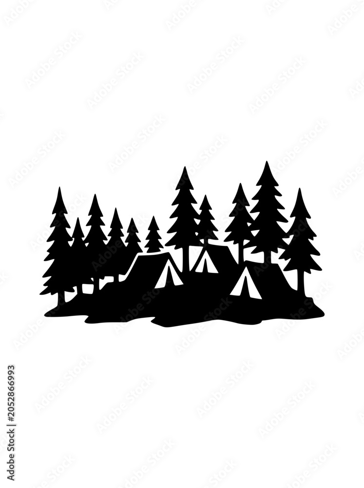 Obraz premium Silhouette of Camping Tents and Pine Trees in a Forest Wilderness
